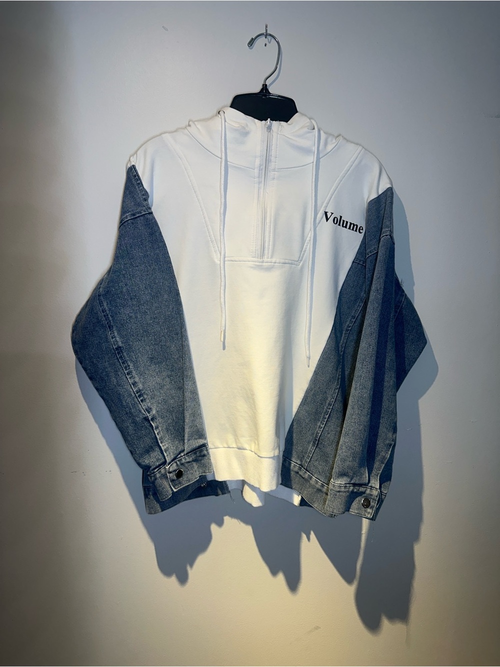 White Hoodie with Denim-Style Sleeves